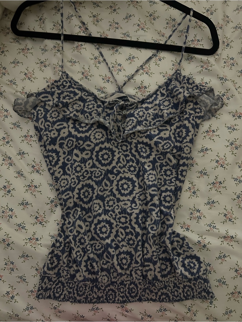American Eagle Outfitters Navy and White Floral Ruffle Cami